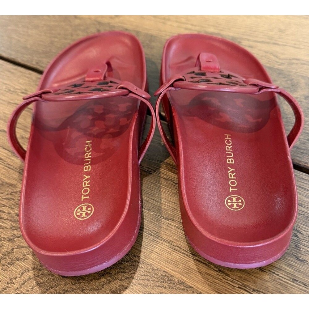 Tory Burch Miller Cloud Leather Thong Sandals Women’s Size 8 Red Logo Comfort - Picture 4 of 9